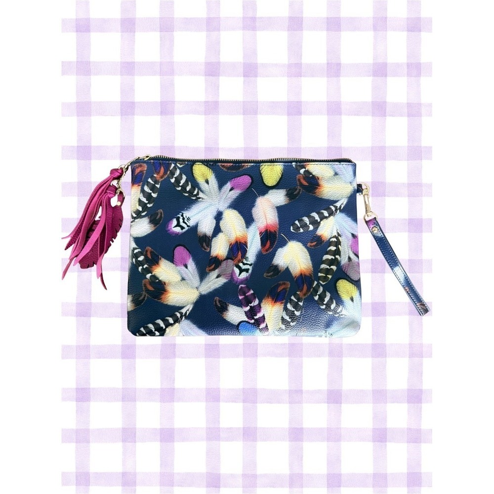 Faux Leather XL Wristlet Clutch Zip Pouch Feather Print Tassel Multi Preowned